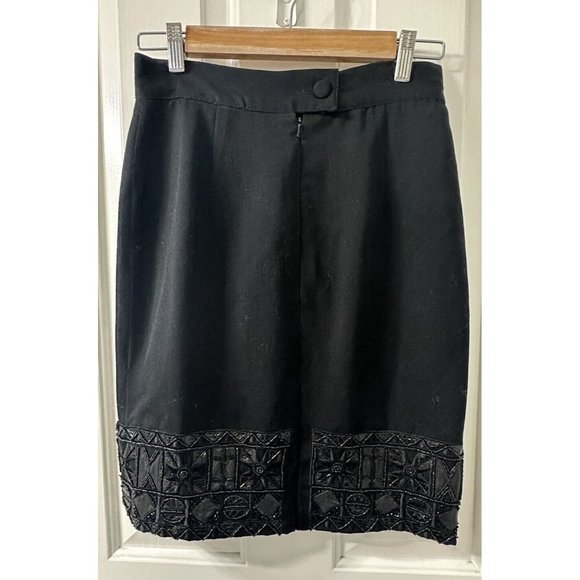 Vintage EREZ Black Wool Pencil Skirt Long with Back Slit Size 8 Beaded Leather - Picture 2 of 5